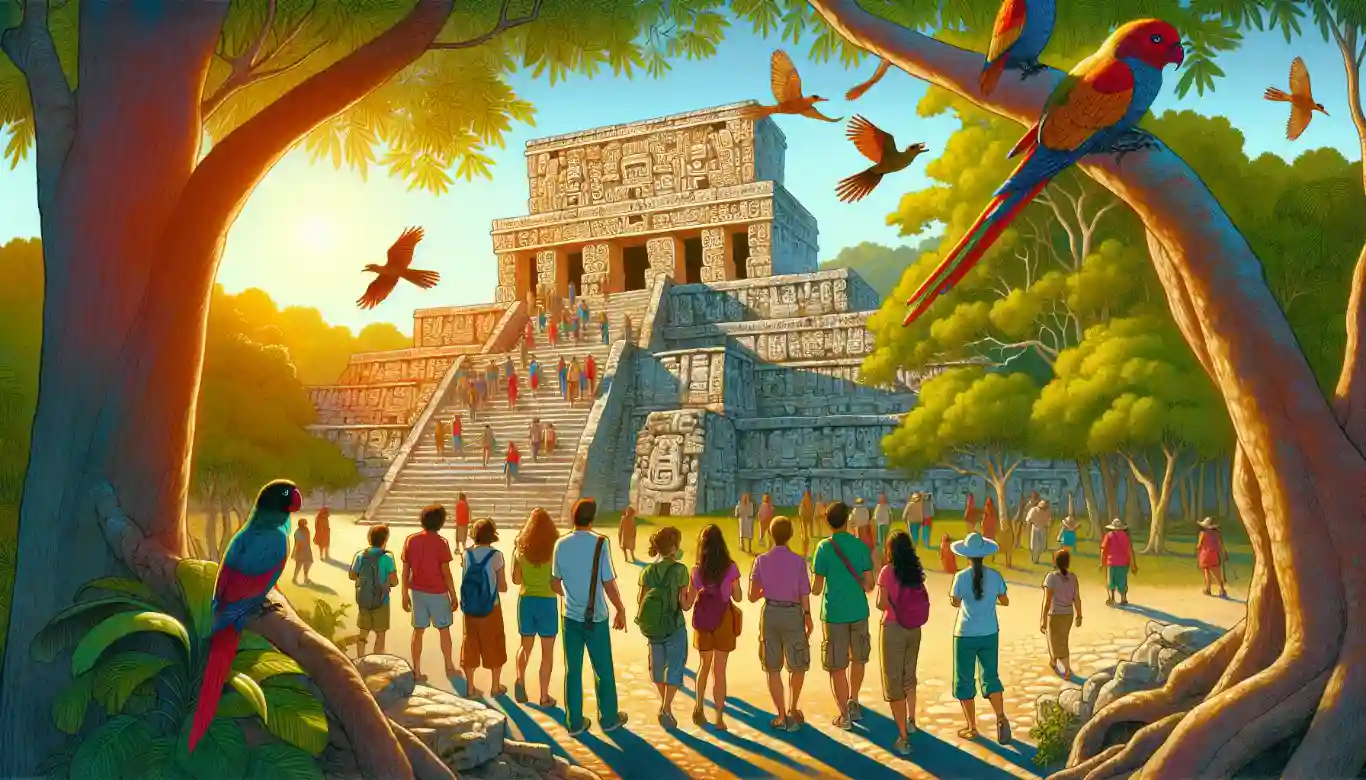 Tourists visiting Mayan ruins in Merida