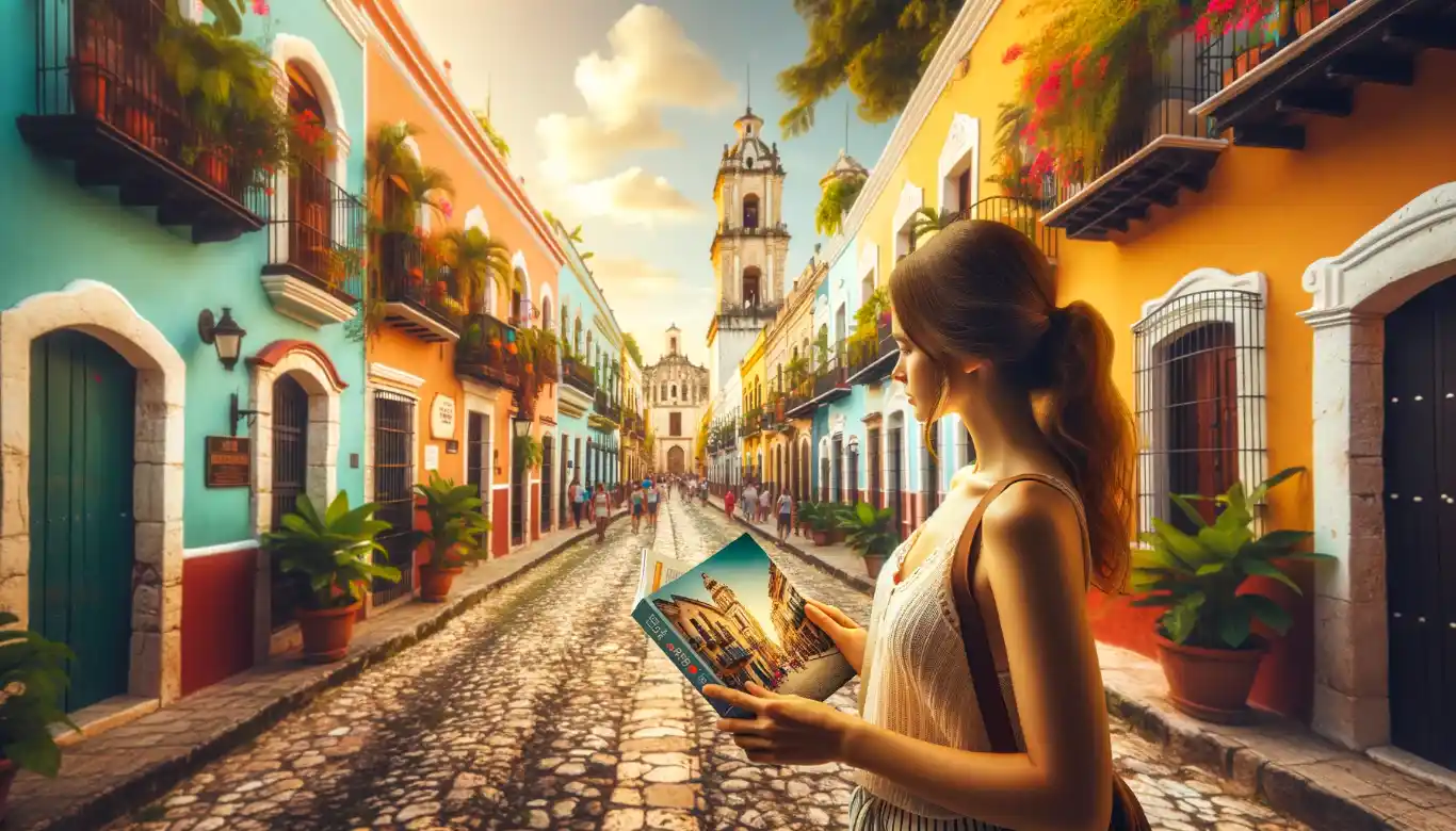 A female tourist stands off-center on a cobblestone street in Mérida, holding a guidebook, surrounded by colorful buildings and greenery.