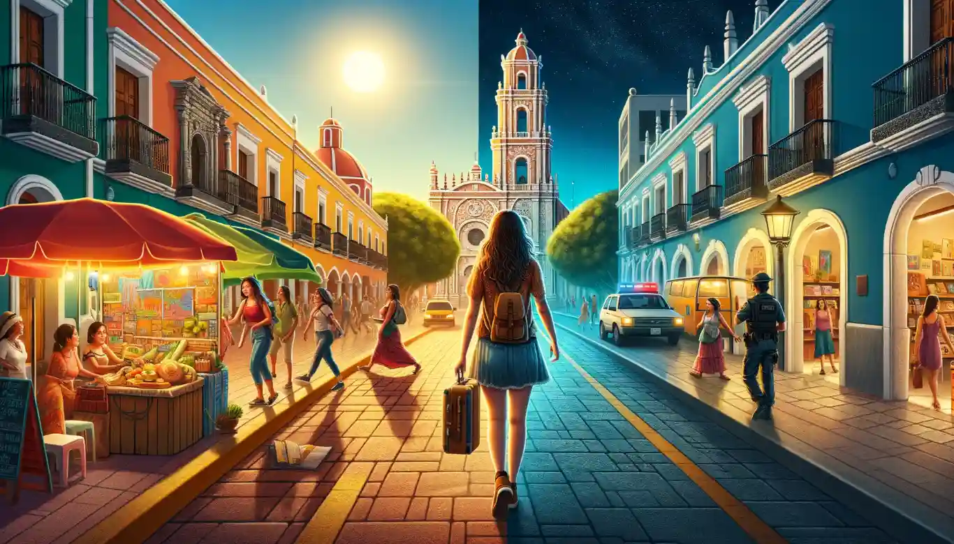 An illustration showing a female traveler safely exploring Mérida's streets by day and night, with visible security and a vibrant atmosphere, emphasizing the city's safety.