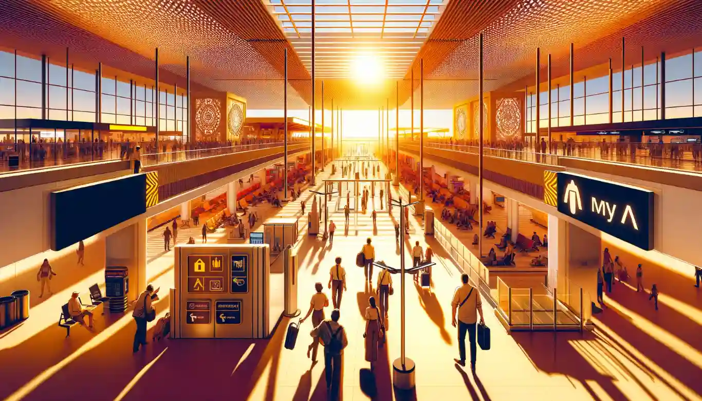 Illustration of Mérida International Airport with travelers in warm tones, highlighting safety.