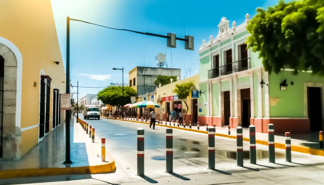 An illustrated scene of Mérida, Mexico, showing a vibrant, safe street with colonial architecture, a local market, and subtle security measures, reflecting the city's commitment to safety.