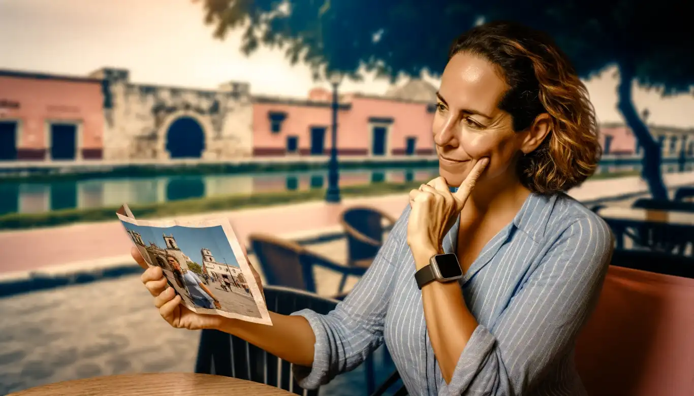 A female tourist in Mérida looks at holiday photographs, reminiscing about her travels, seated outdoors with the city's architecture subtly in the background.