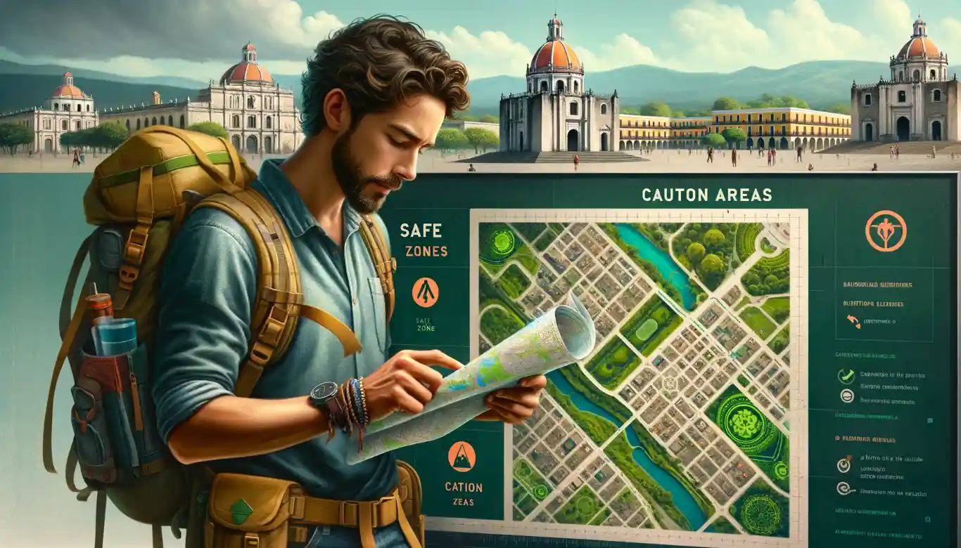 A tourist in Mérida studies a map marking safe (green) and caution (orange) zones, against a backdrop of the city's landmarks.