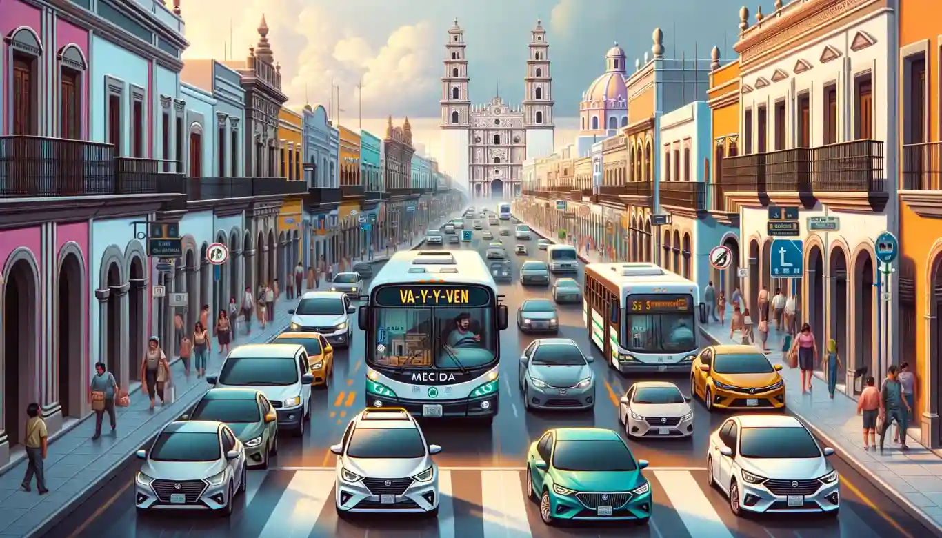 A realistic street scene in Mérida showing accurate transportation options, including ride-sharing cars and Va-y-Ven buses.