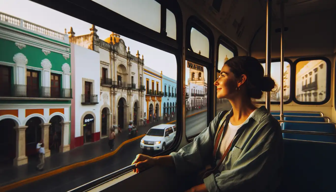 A female tourist sits in a Va-y-Ven bus, looking out the window at Mérida's passing buildings, immersed in the city's charm.