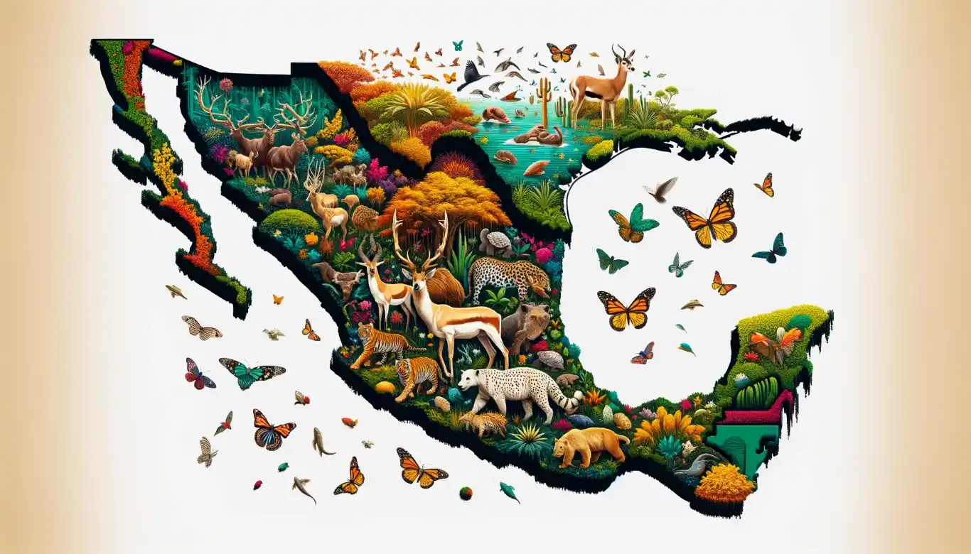 Abstract map of Mexico showcasing its biodiversity, with symbols for deserts, forests, rainforests, and coral reefs, along with iconic wildlife.
