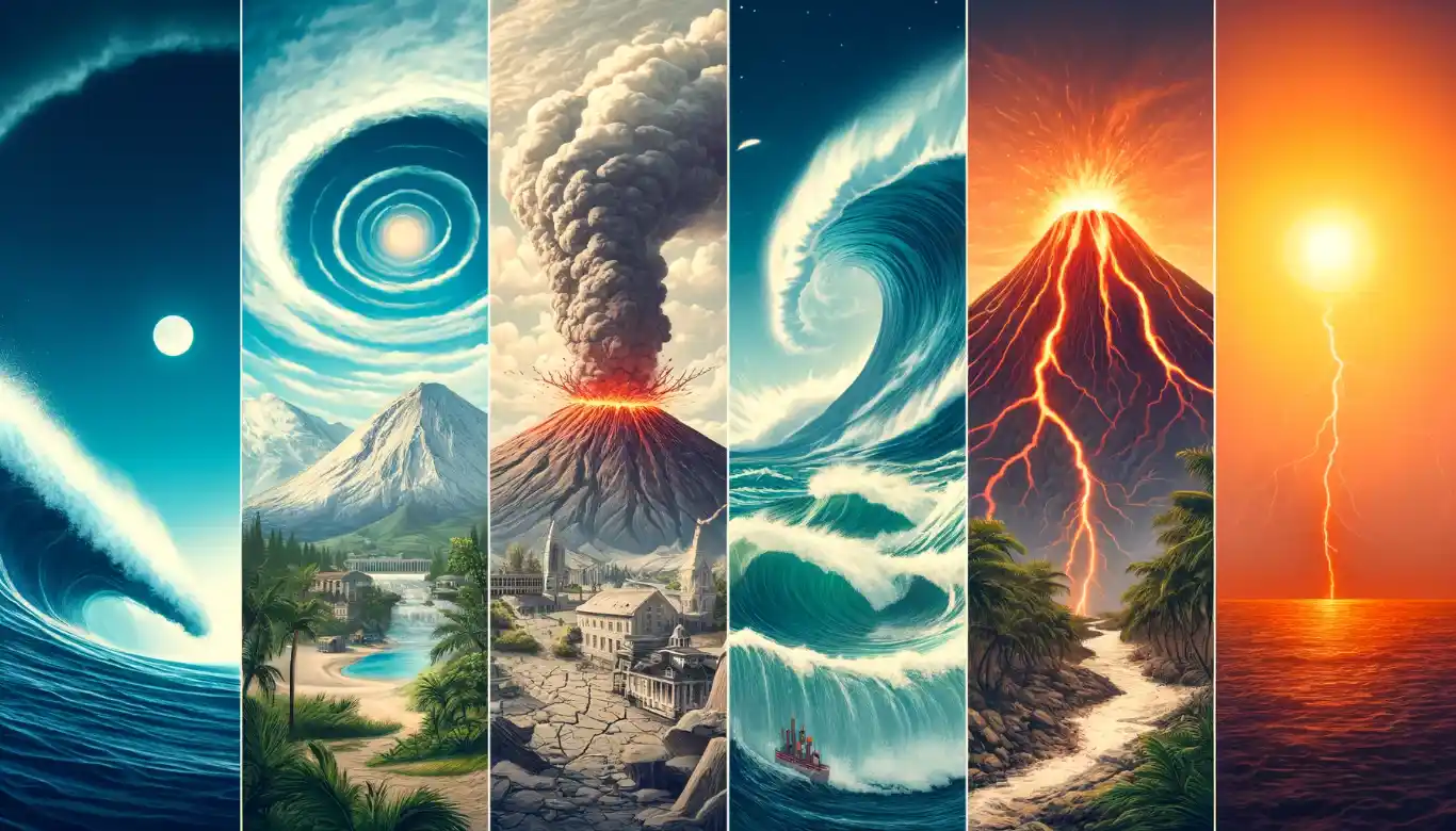 An illustrative depiction of natural disasters: hurricanes, earthquakes, tsunamis, and volcanic eruptions, each in distinct segments, highlighting their environmental impact.