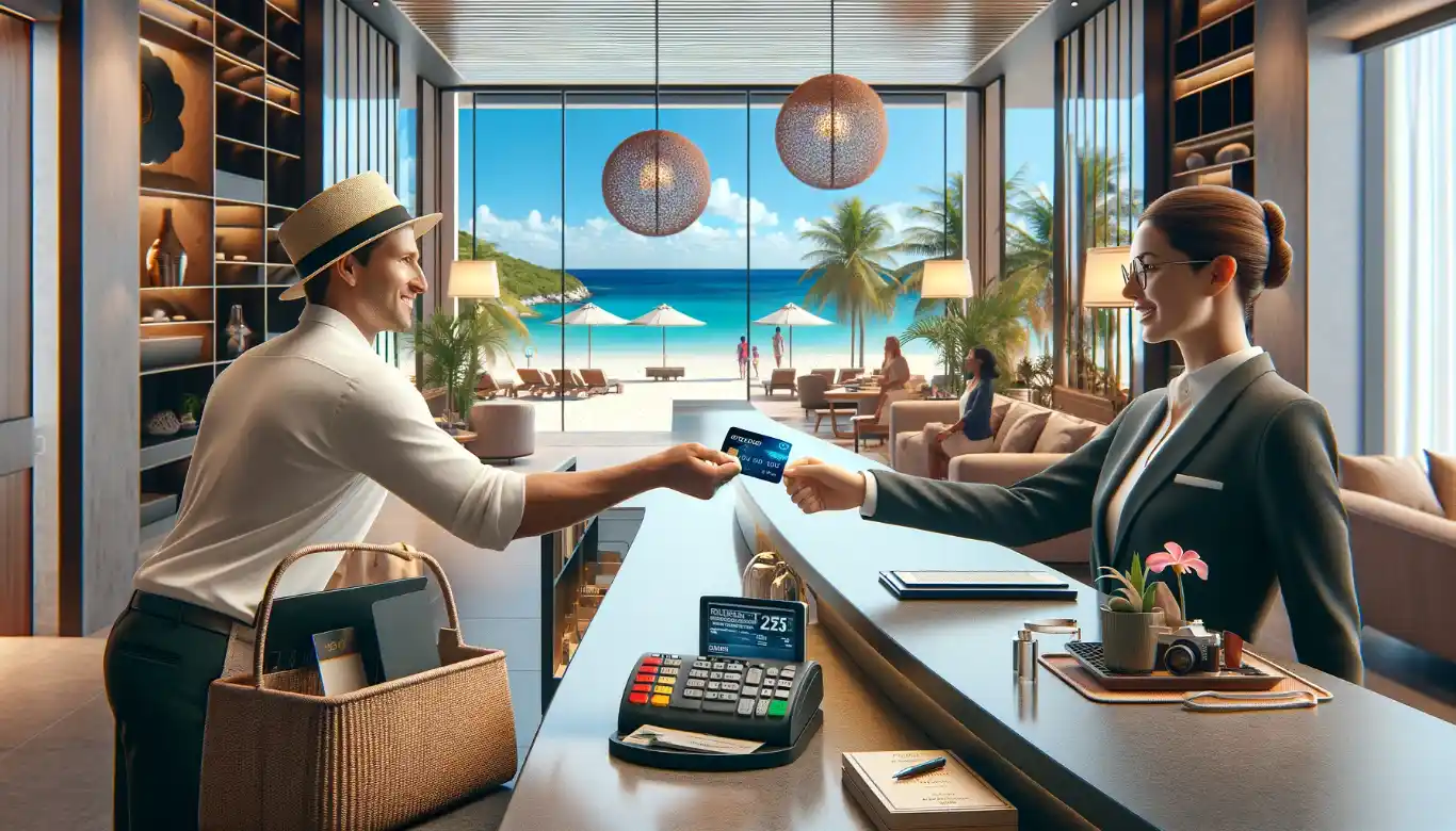 Tourist handing over a credit card to a hotel employee at a luxurious reception desk in Cancun, with elegant decor and tropical plants, suggesting a secure payment experience.