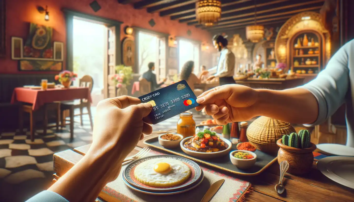 Person handing over a credit card to a server in a cozy Mexico City restaurant, surrounded by traditional Mexican cuisine and colorful decor.