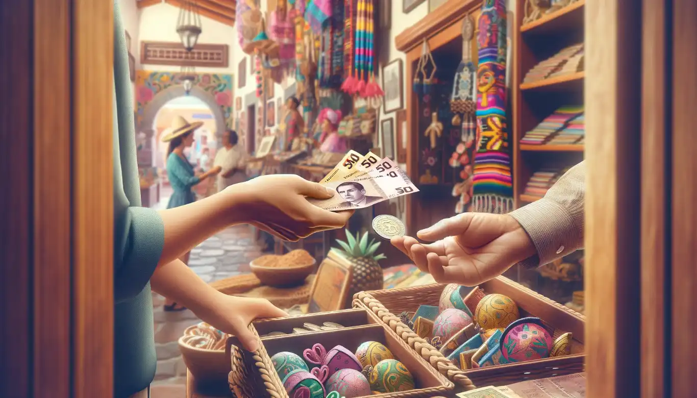 Tourist handing over Mexican pesos to a vendor in a colorful local artisan shop, highlighting a transaction with detailed view of the currency against a backdrop of traditional Mexican crafts.