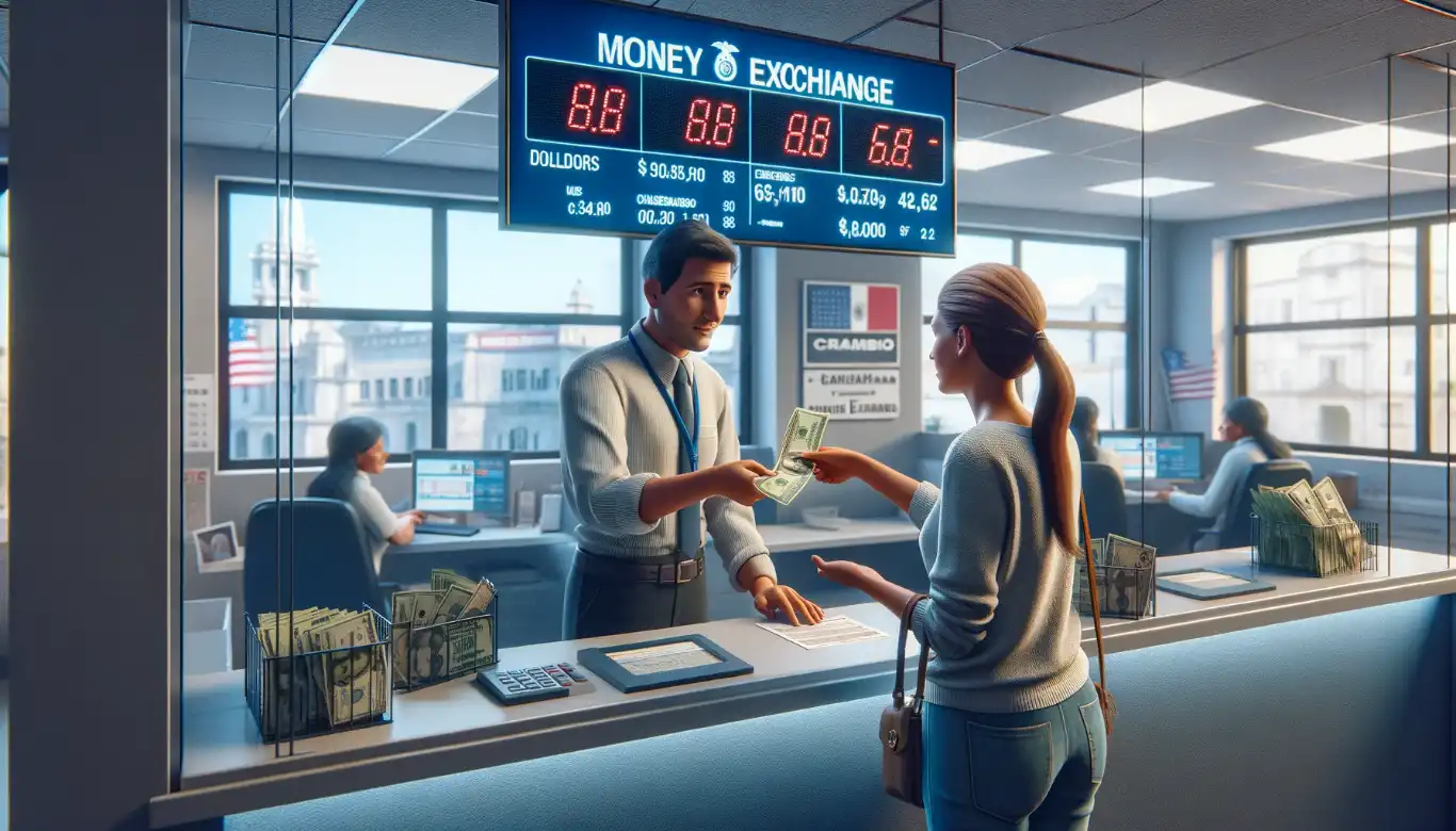 Picture inside a Mexican money exchange office, where a female tourist is exchanging currency.