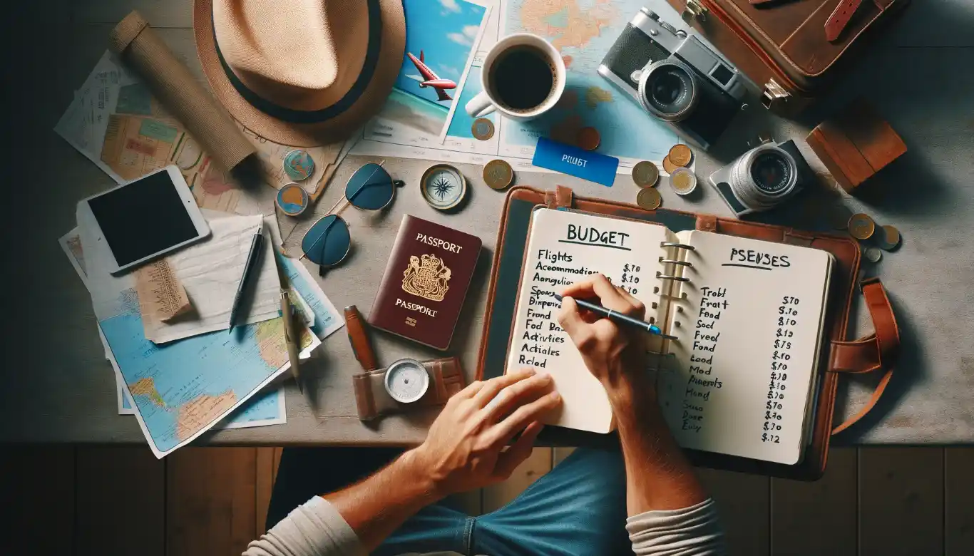 Person planning their holiday budget, seated at a table with a notebook listing expenses, surrounded by travel essentials like a passport, guidebooks, and a camera, embodying trip anticipation.