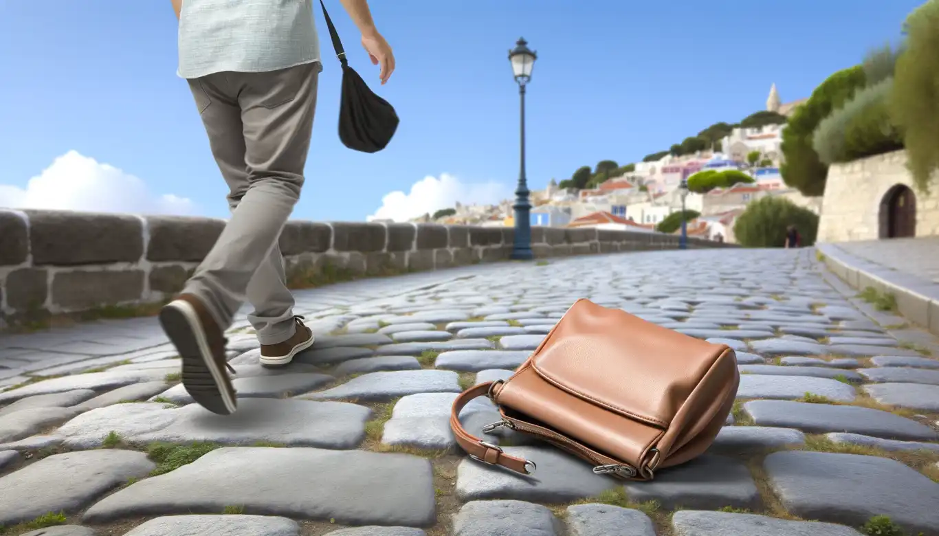 Tourist unwittingly walks away as their purse falls out onto a cobblestone street, capturing a moment of accidental loss in a scenic vacation setting.