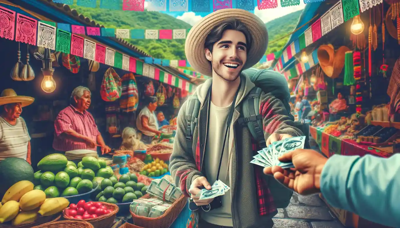 tourist engaging in a transaction at a vibrant Mexican market, holding pesos and smiling among colorful stalls and cheerful vendors