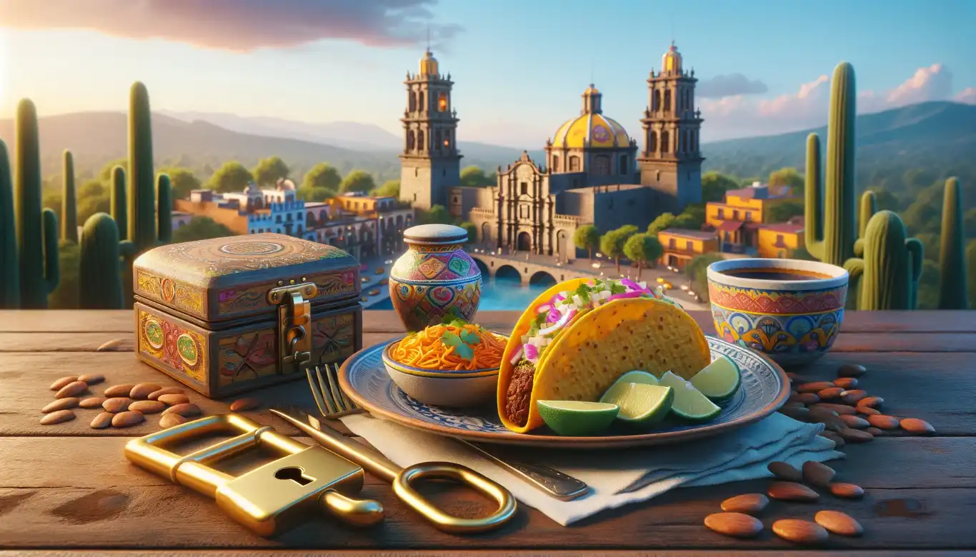 Elegantly arranged plate of tacos beside a traditional Mexican ceramic piece, set against a scenic Mexican landscape backdrop, showcasing the value of pesos in Mexico.