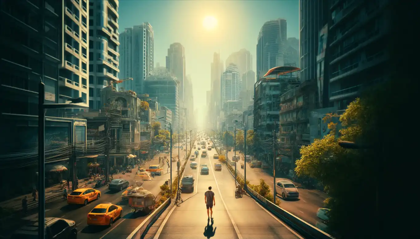 A photorealistic image of a tourist in the sweltering streets of Bangkok, illustrating the Urban Heat Island effect.