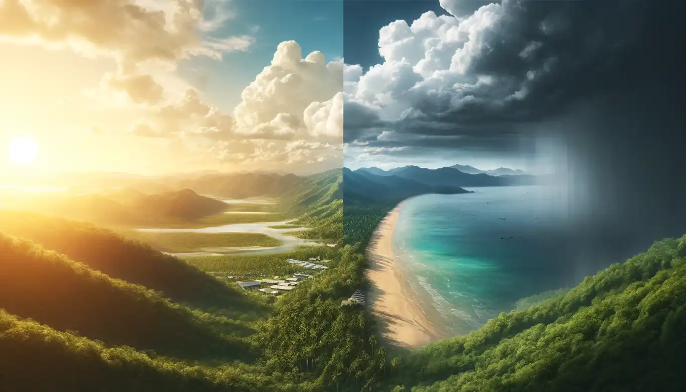 A photorealistic image showcasing Thailand's diverse climates: sunlit northern jungles on one side and southern beaches under a cloudy sky on the other, highlighting regional weather variations.
