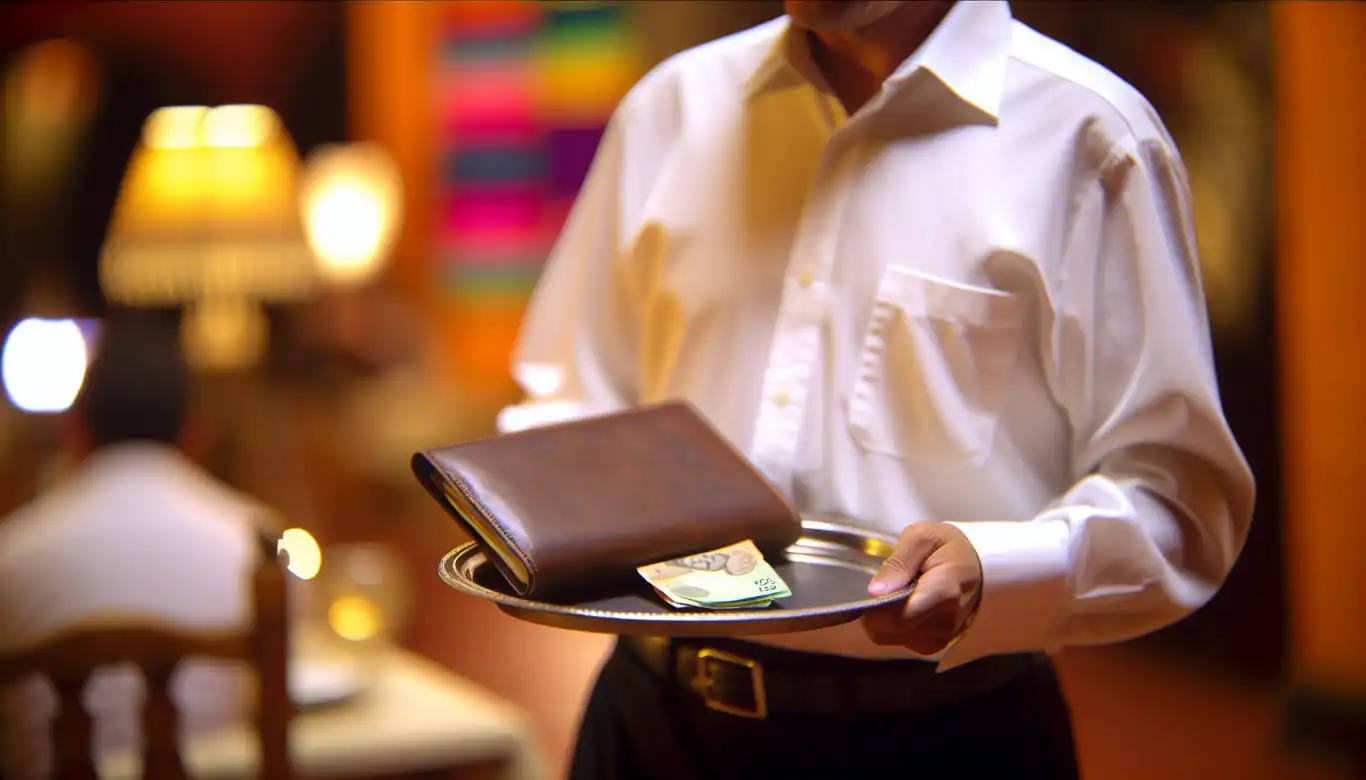 A waiter holding a tray with a bill and money, representing tipping etiquette in Mexico