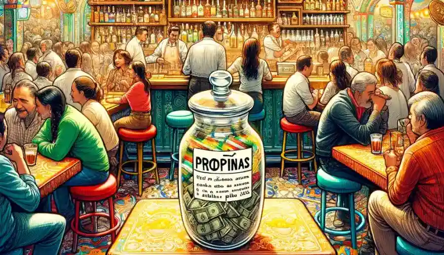 Vibrant Mexican bar scene with a 'Propinas' tipping jar.