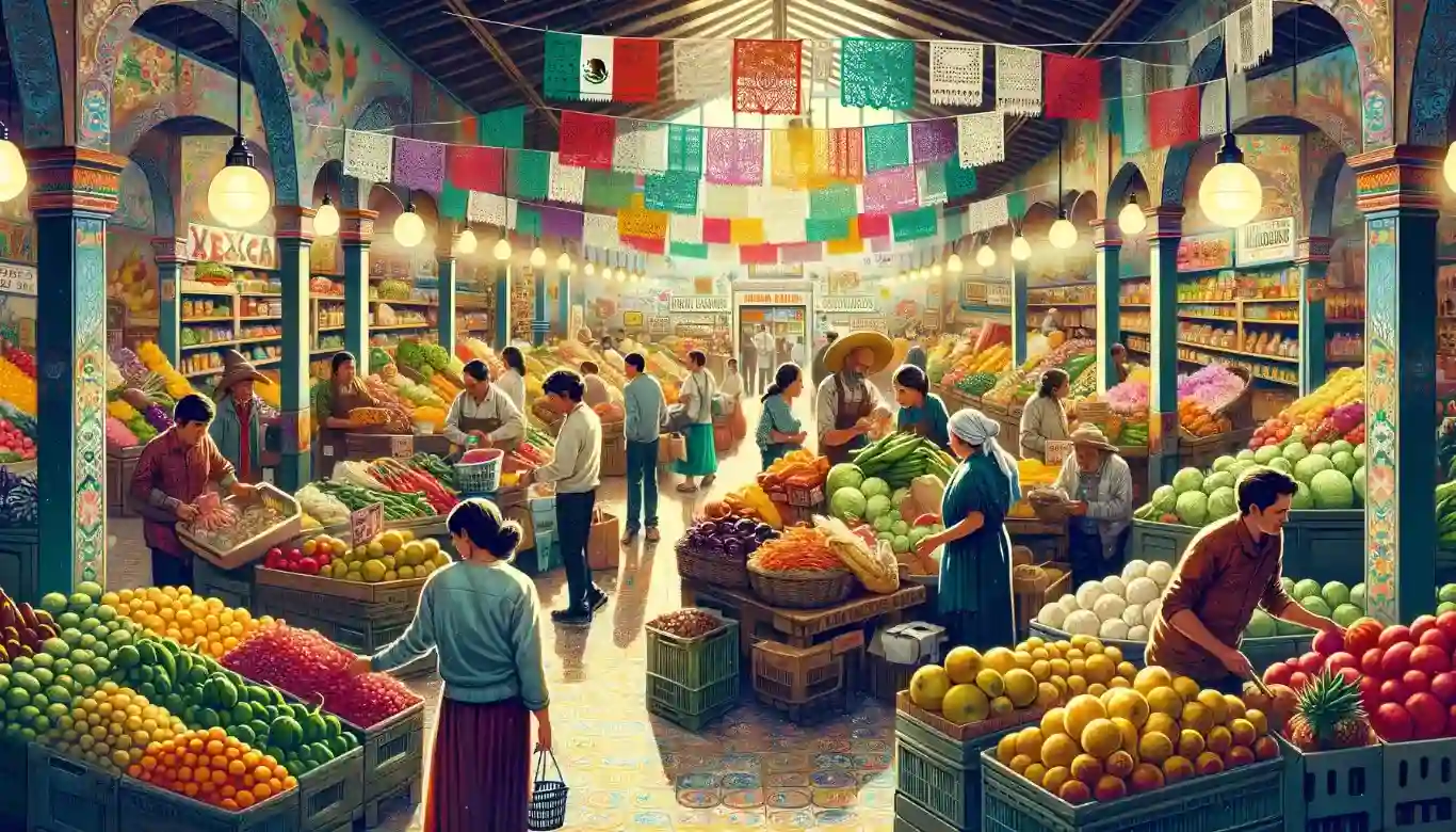 Bustling illustration of a lively local food market, filled with vendors selling fresh fruits, vegetables, and other local produce, as shoppers browse and interact