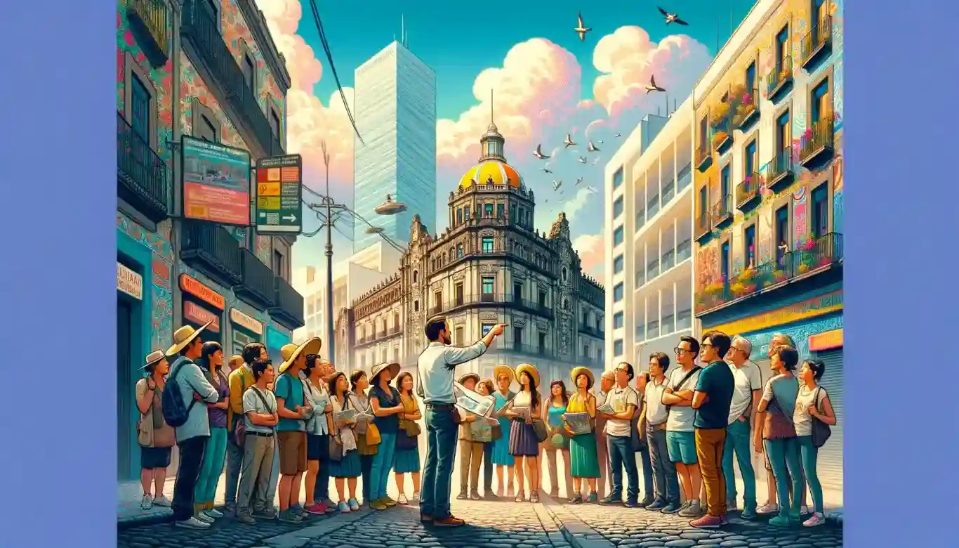 Illustration of a knowledgeable tour guide leading a diverse group of tourists through the historic and colorful streets of a Mexican city, highlighting cultural landmarks and local attractions.
