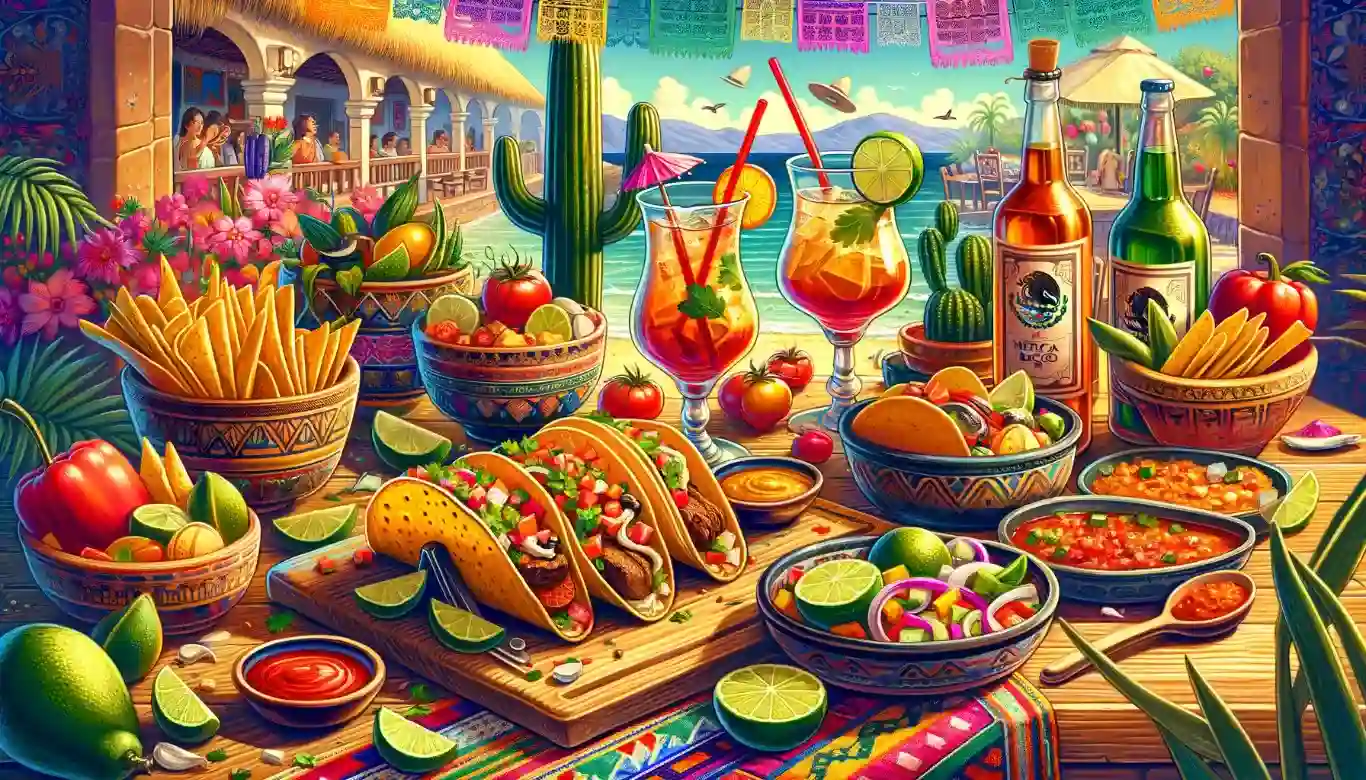 Illustration of traditional Mexican food, including tacos and cocktails
