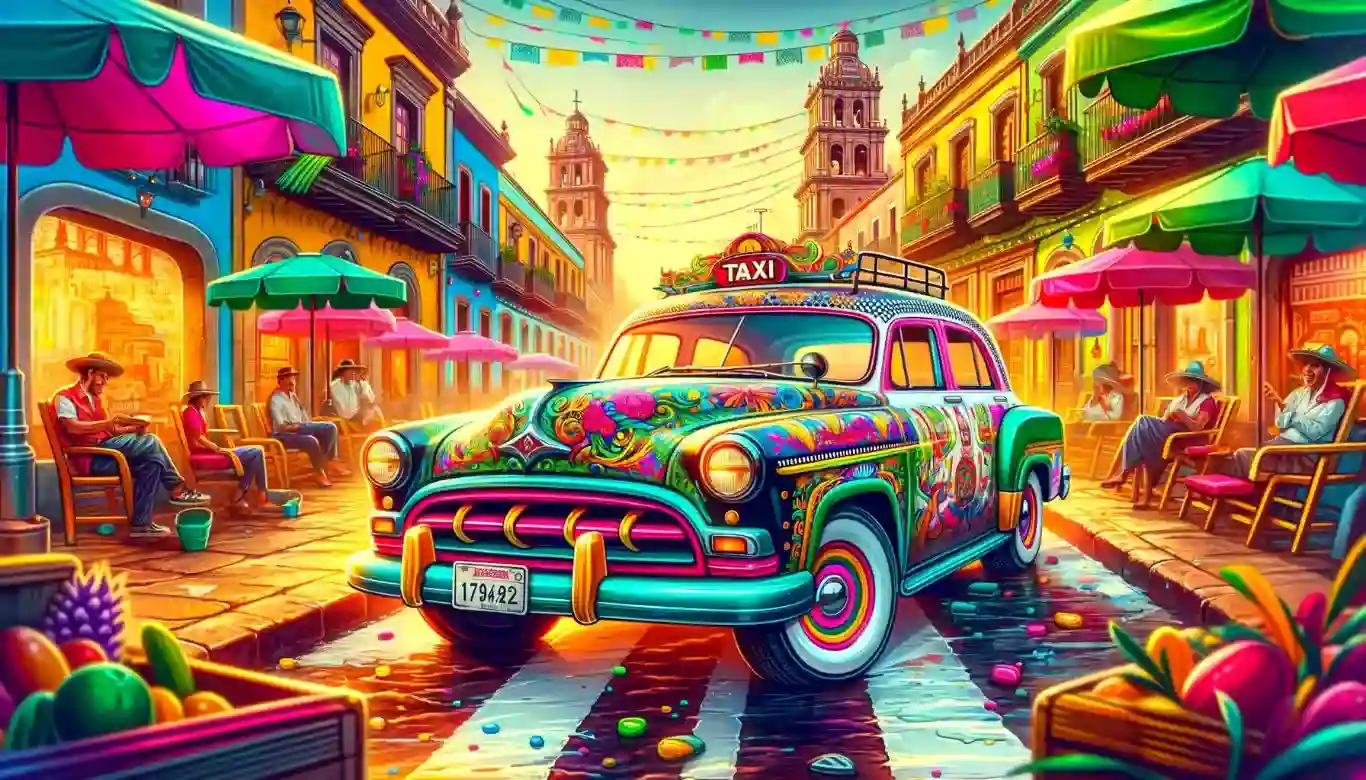 Colorful illustration of a taxi navigating the vibrant streets of a Mexican city