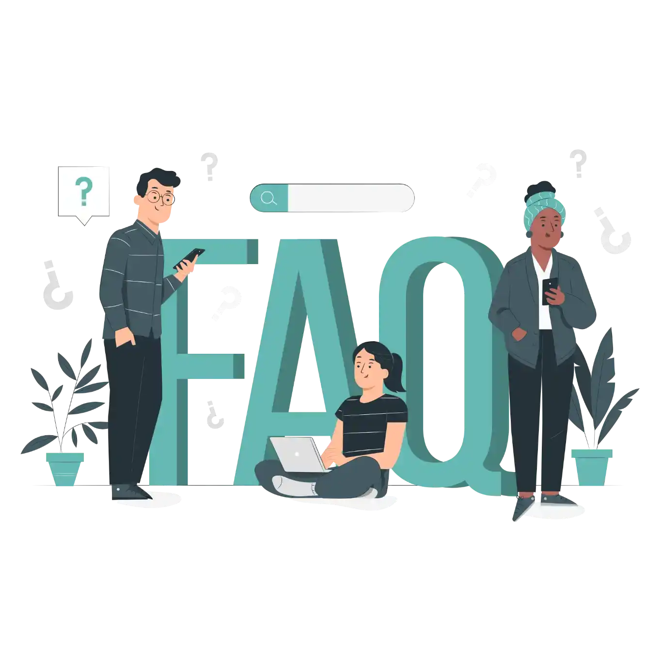 Illustration of the letters 'FAQ' in large, with three individuals searching for answers in their phones and laptop, symbolizing the modern reliance on digital FAQs for quick information.