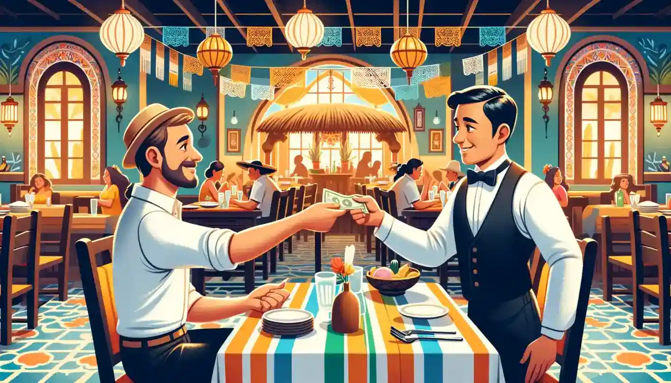 Waiter receiving tip from diner in traditional Mexican restaurant, symbolizing gratitude and cultural respect in Mexico's tipping customs