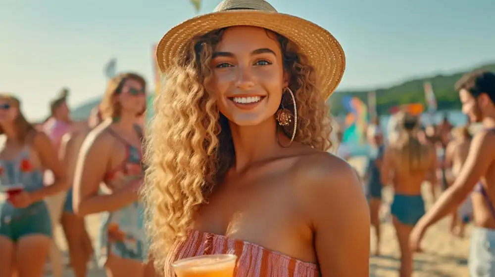Joyful girl drinking while surrounded by pals during a beach party in Cancun