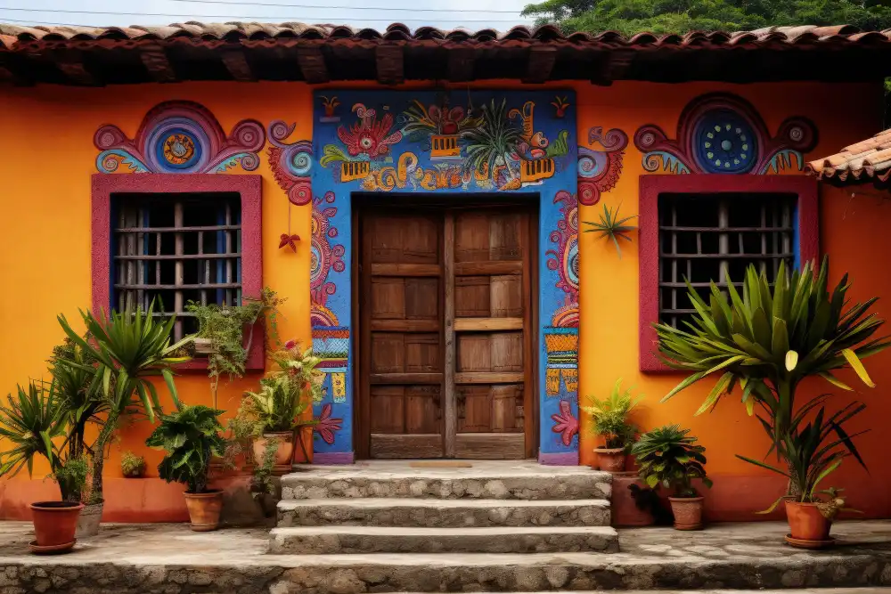 Traditional Mexican house with a vivid orange facade, adorned with intricate blue and purple folk art murals, flanked by lush green potted plants