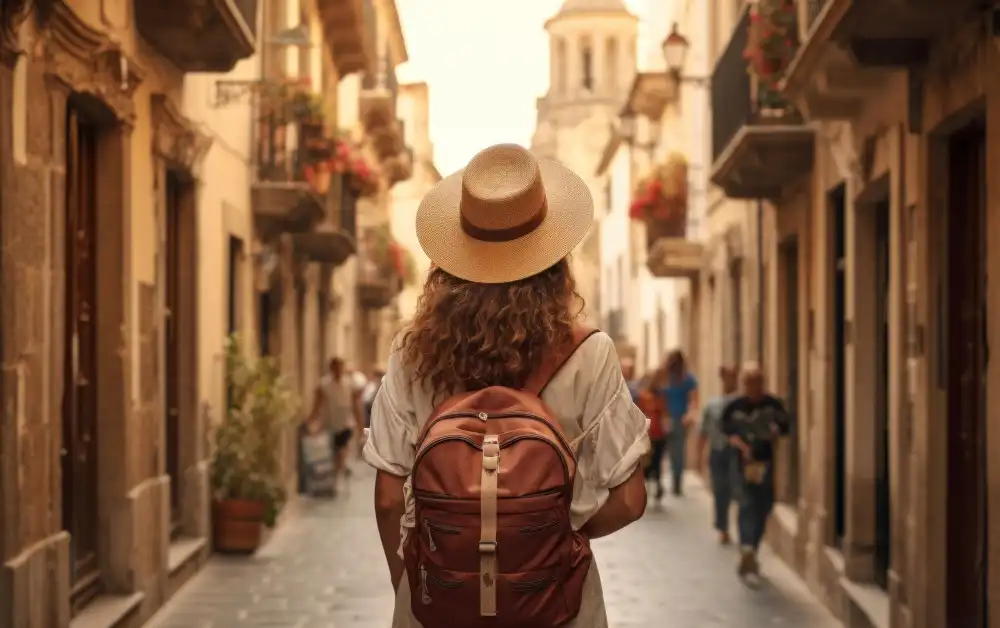 Woman with a backpack explores the citys narrow pathways