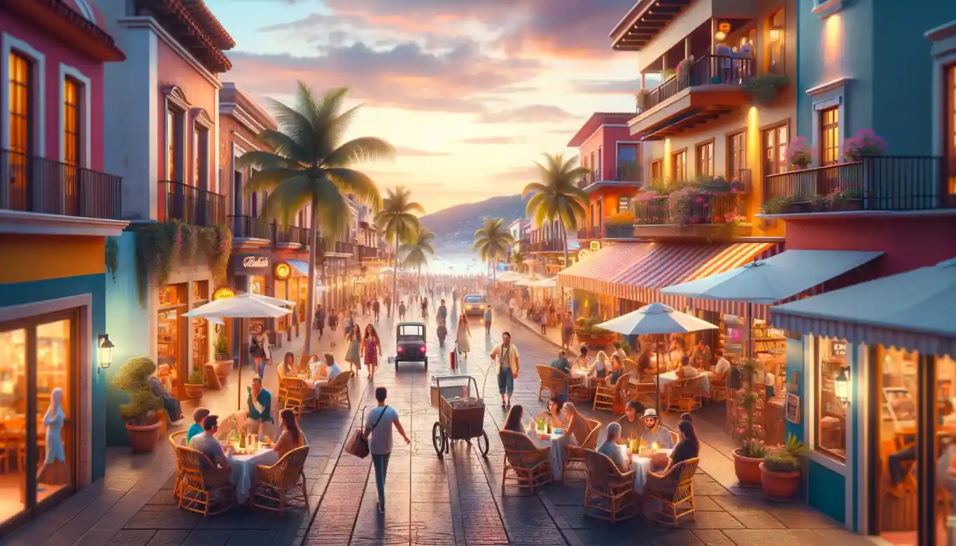 Vibrant street life in Puerto Vallarta with people dining and strolling under the sunset glow, framed by colorful buildings and palm trees.