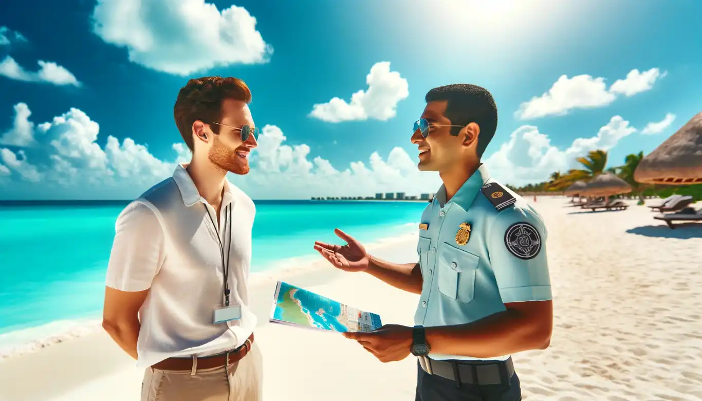 Cancun beach scene with a local guide talking to a tourist, highlighting the city's welcoming atmosphere and natural beauty.