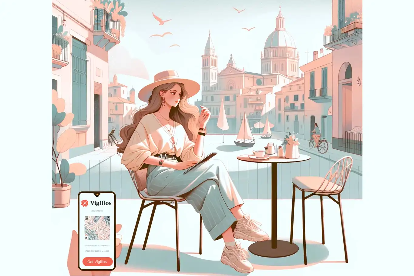 Woman sitting at a café table with an iPhone displaying the 'Vigilios' safety app, with a serene cityscape in the background.