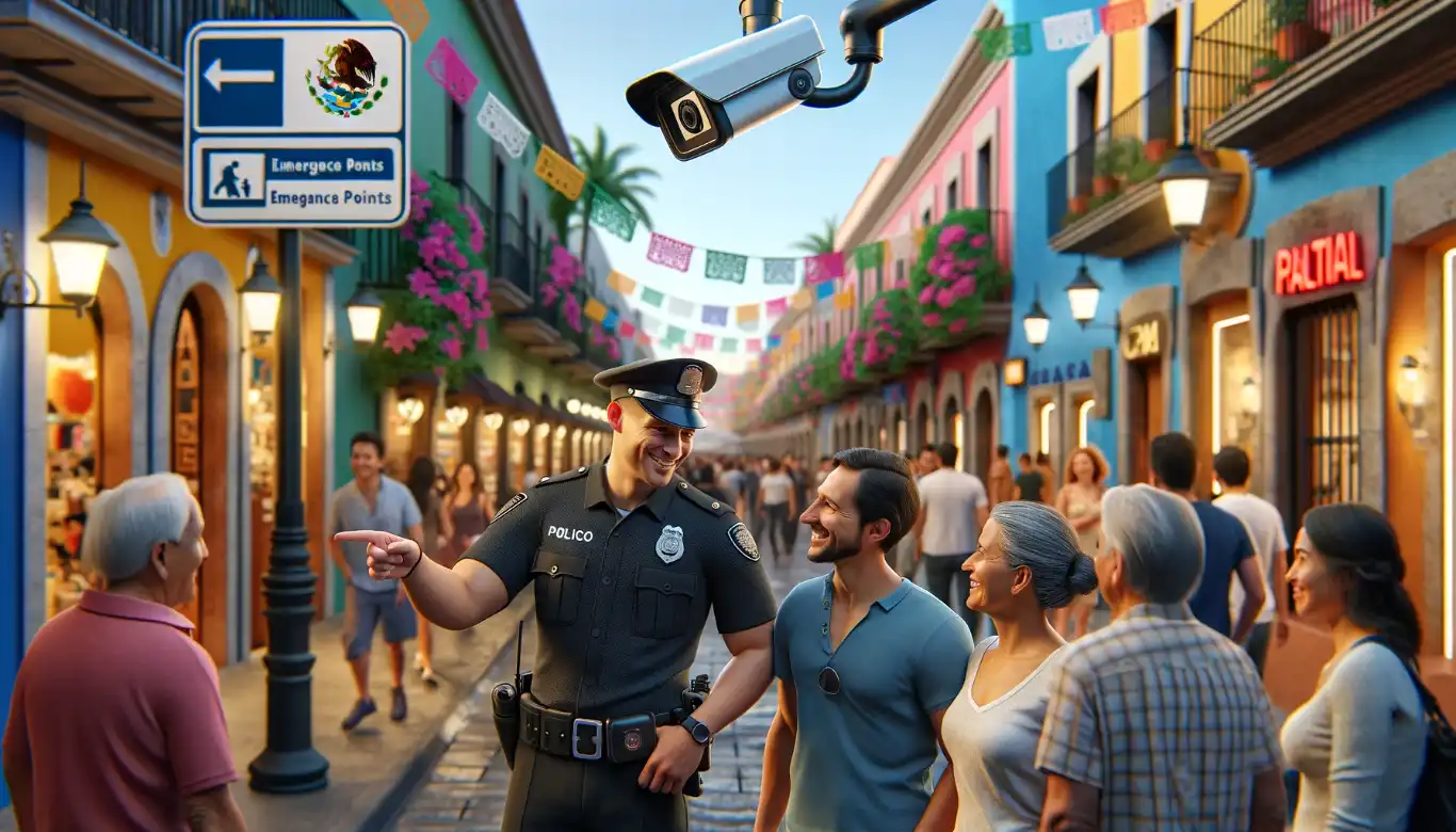 Police officer giving directions to tourists on a vibrant Mexican street