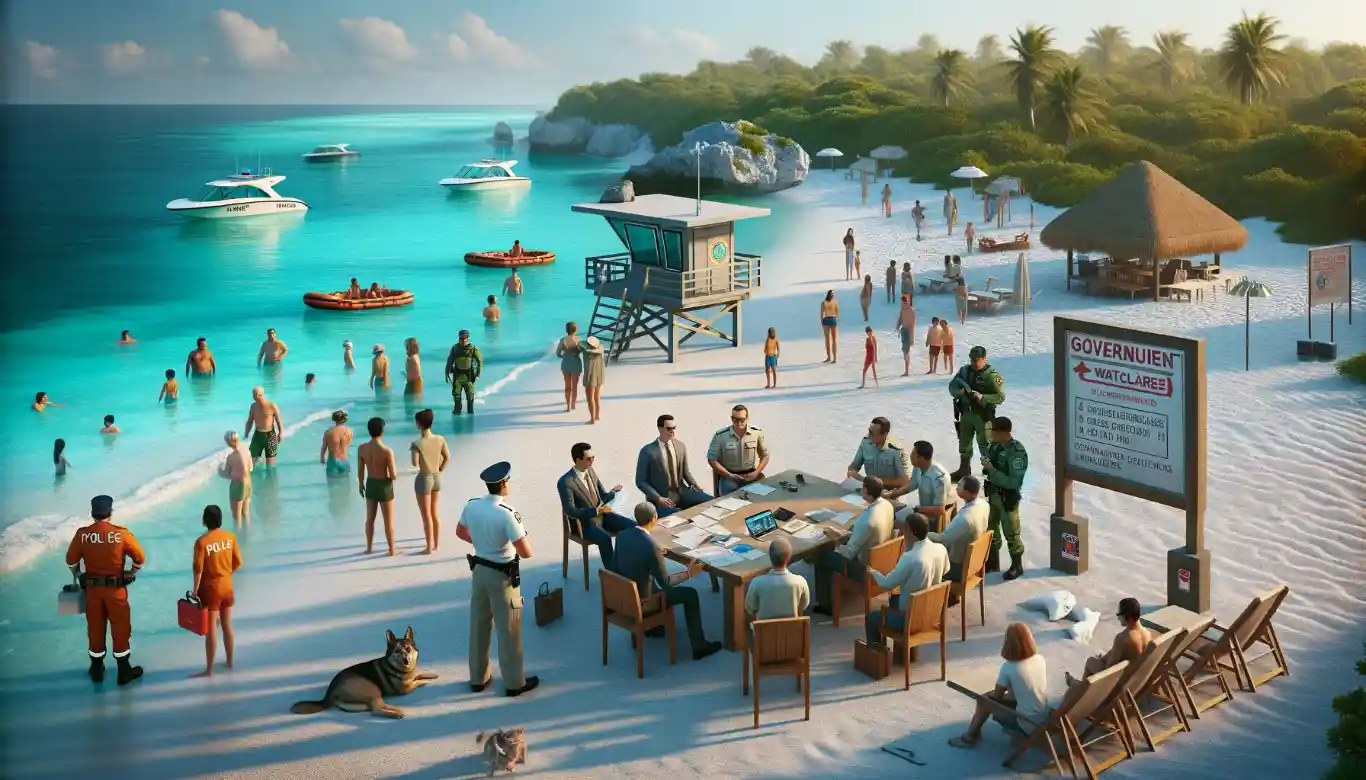 A photorealistic image showing community members and officials at a safety meeting on a serene Tulum beach with lifeguards and police presence.