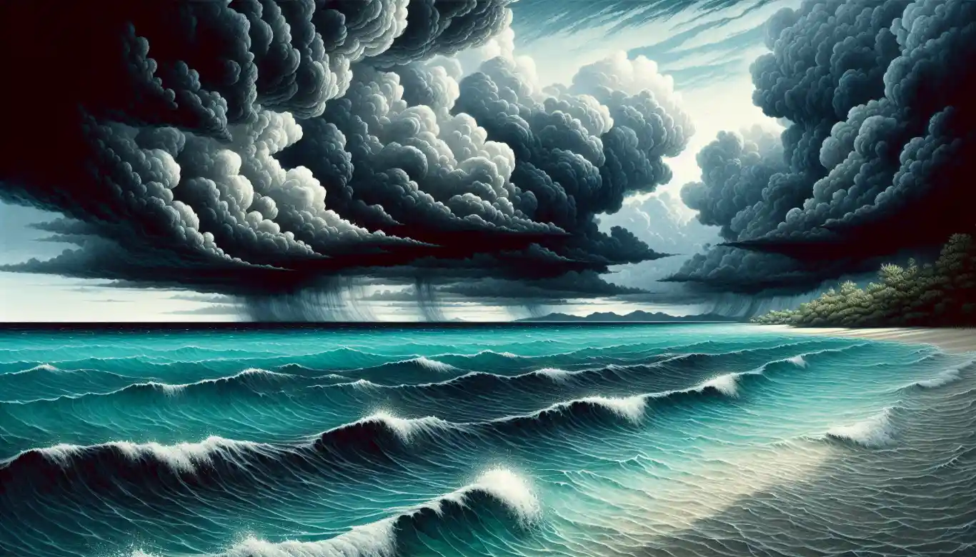 Illustration of storm clouds over the Caribbean Sea during hurricane season in Mexico
