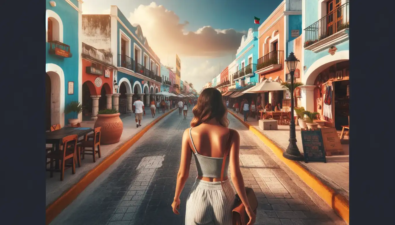 A photorealistic image of a woman seen from behind walking down a street in Tulum, with signs of safety and security around her.