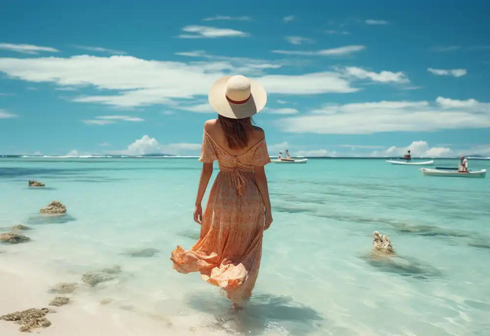 Young tourist woman in summer dress and hat standing on beautiful sandy beach