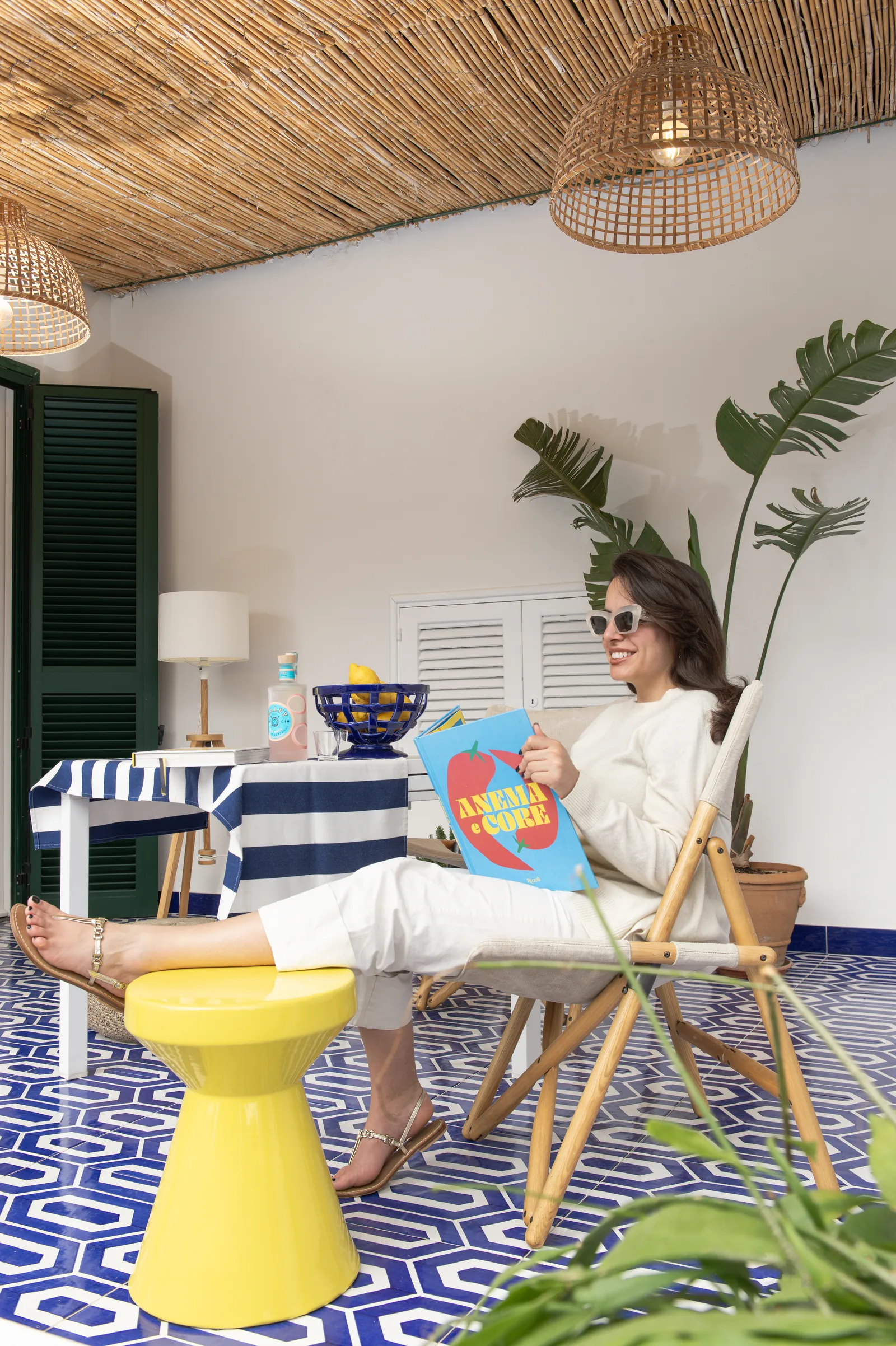 Relaxing on blue tile terrace
