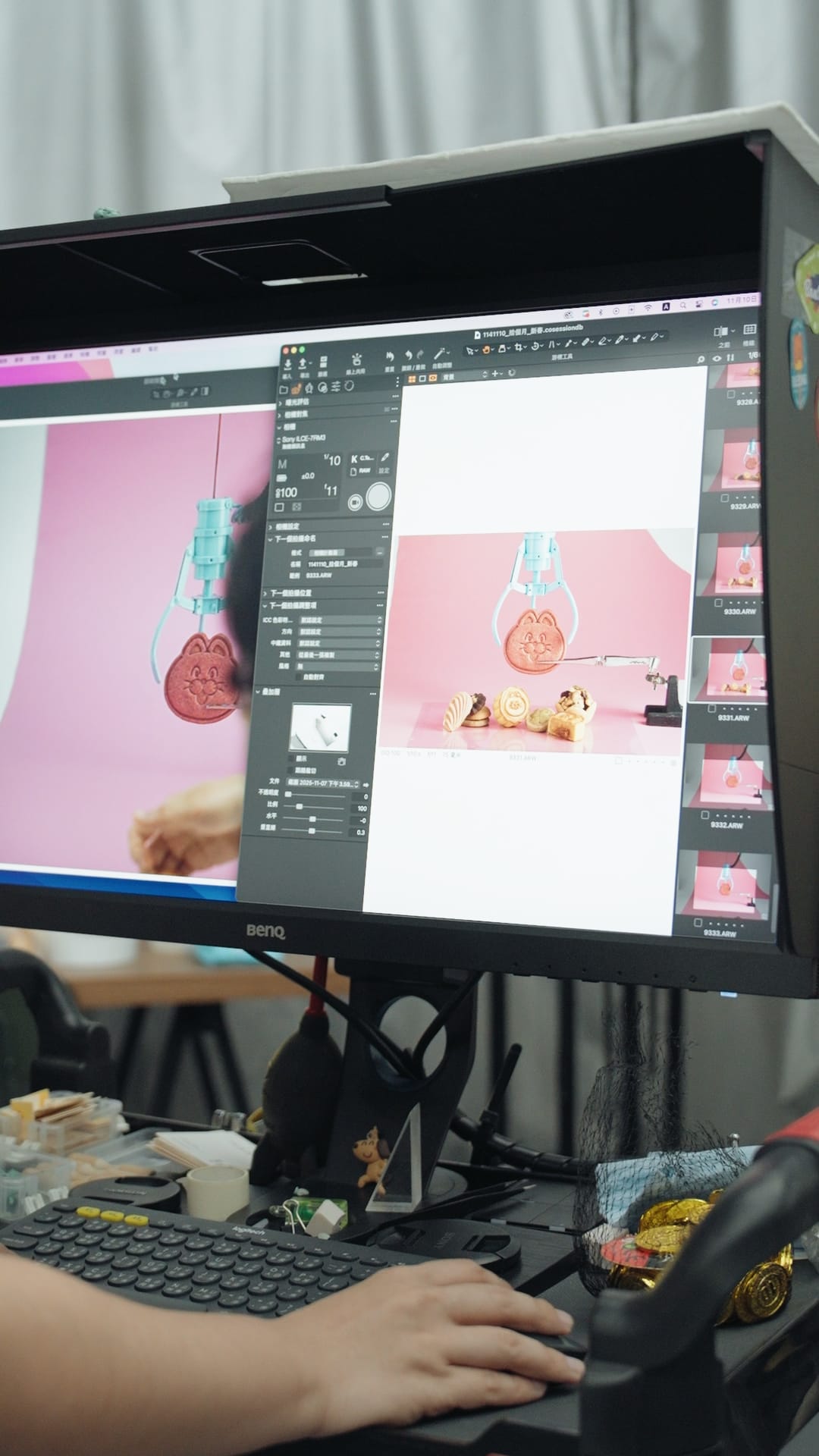 後製修圖師在電腦上編輯聯名禮盒攝影作品