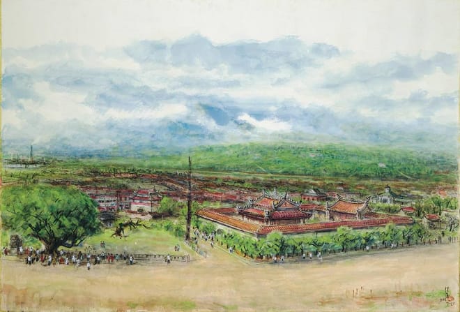 李澤藩於1986年創作的《孔子廟》，描繪了宏偉的孔廟建築群與周遭景觀，象徵對文化與土地的深情。