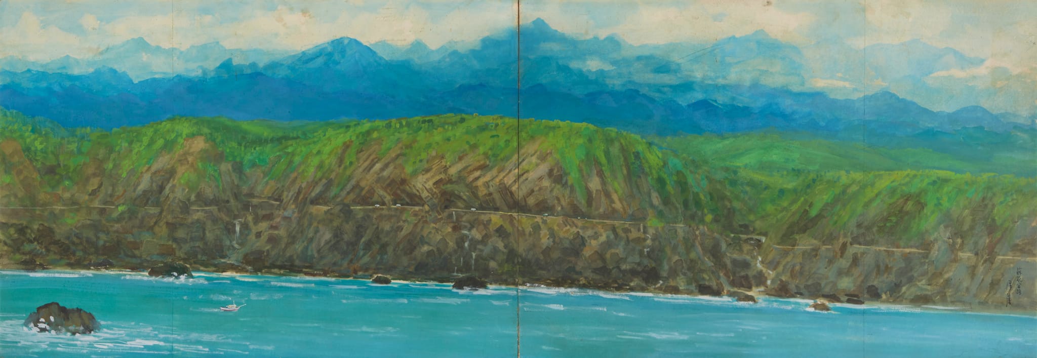 李澤藩《蘇花公路》(1968)，畫作以海岸水平線描繪湛藍大海、陡峭岩壁與連綿山脈。