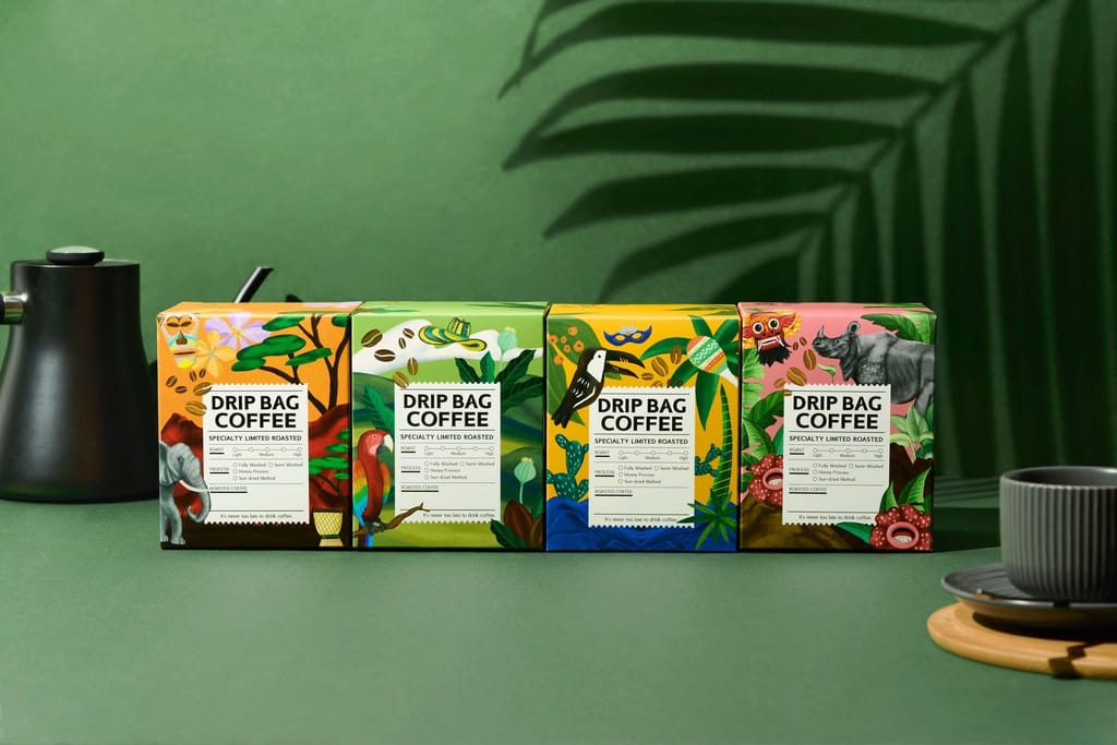 尋豆探險家濾掛咖啡，色彩豐富的包裝見證企業的真誠樣貌。