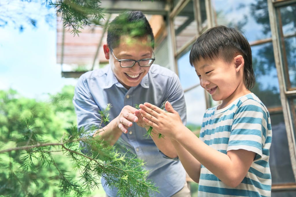 父子在田野中觀察植物，洋溢著自然生活的真摯與喜悅。