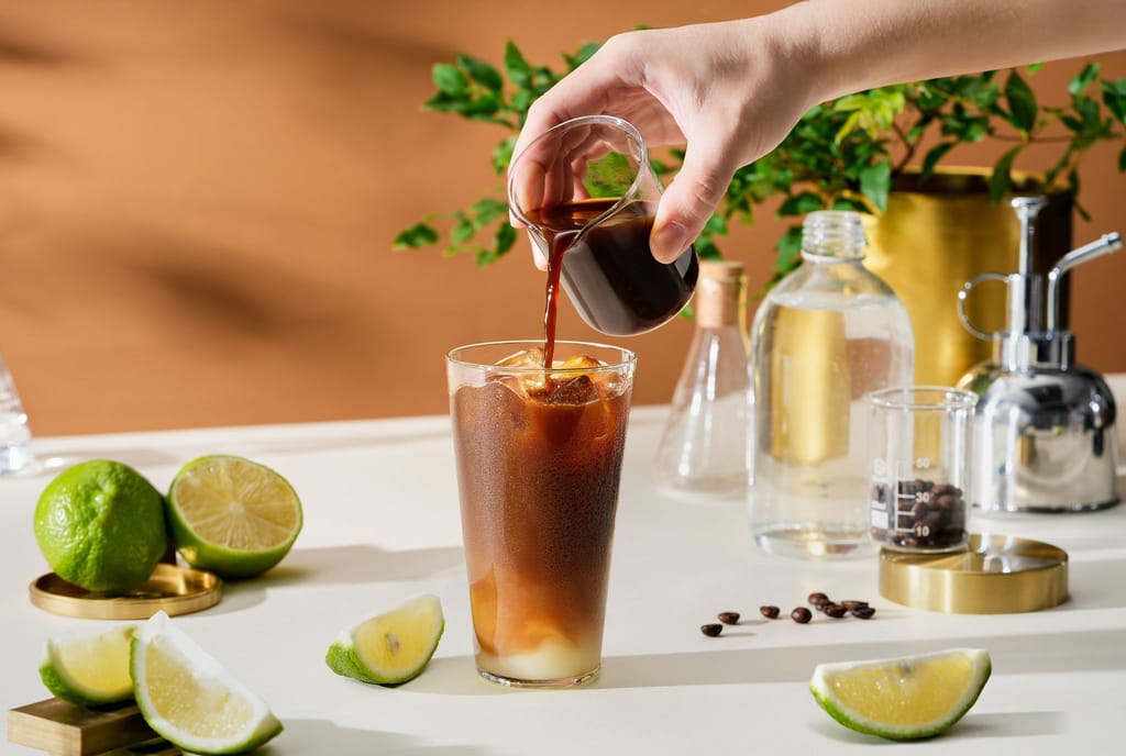 理茶專案：手部正將飲品倒入杯中，搭配青檸與實驗器皿，展現專業調飲的真誠樣貌。