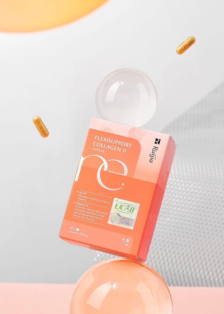 UC-II 關鍵顧力 6合1 膠囊的橙色包裝，兩顆金色膠囊懸浮其間。