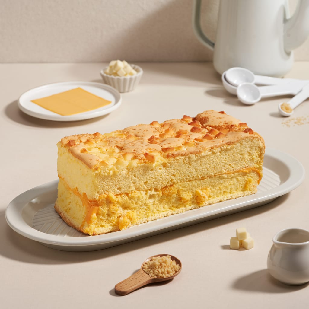 豆豆起司蛋糕，以豆漿製作，質地濕潤綿密，呈現無負擔的樸實美味。