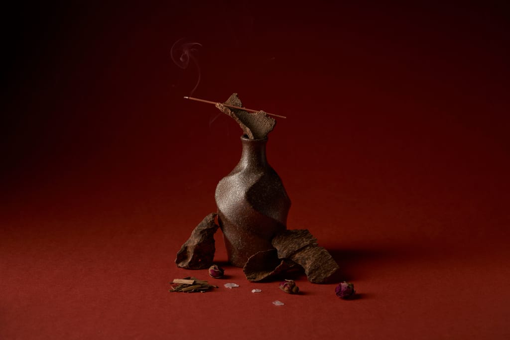 一支燃燒的天然線香,煙霧輕揚,在古樸容器中為身心展開結界。